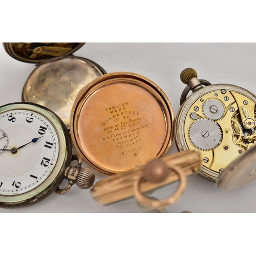 30 - FOUR POCKET WATCHES, to include a gold plated open face pocket watch, manual wind, white dial with R... 