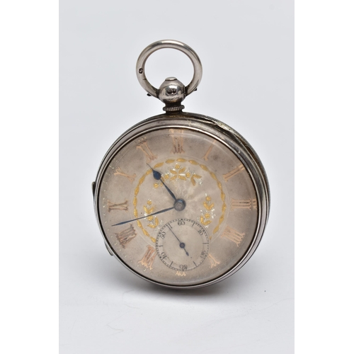 32 - A LATE VICTORIAN SILVER OPEN FACE POCKET WATCH, key wound movement, round silver dial with gold flor... 