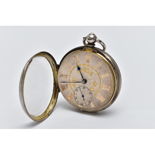 32 - A LATE VICTORIAN SILVER OPEN FACE POCKET WATCH, key wound movement, round silver dial with gold flor... 