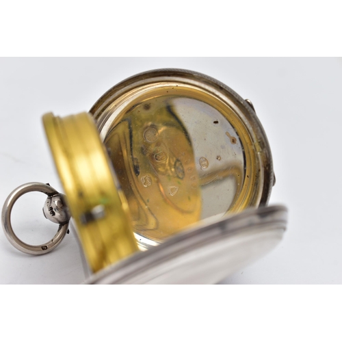 32 - A LATE VICTORIAN SILVER OPEN FACE POCKET WATCH, key wound movement, round silver dial with gold flor... 