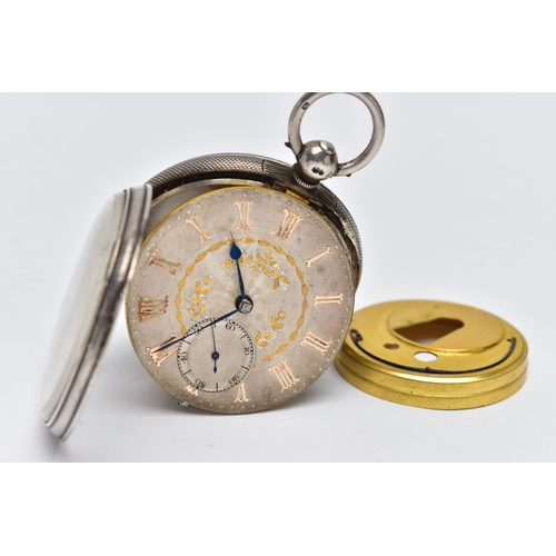 32 - A LATE VICTORIAN SILVER OPEN FACE POCKET WATCH, key wound movement, round silver dial with gold flor... 