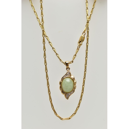 34 - A 9CT GOLD JADE AND DIAMOND PENDANT NECKLACE, the pendant set with an oval cut jade cabochon, collet... 