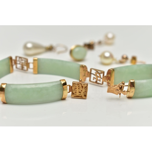 35 - A 9CT GOLD JADE BRACELET AND EARRINGS, the bracelet designed as a series of five curved jade panels,... 