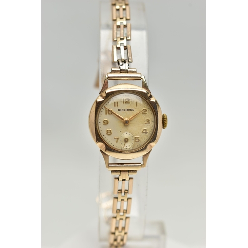 37 - A LADYS 9CT GOLD 'RICHMOND' 'WRISTWATCH, manual wind, round champagne dial signed 'Richmond' Arabic ... 