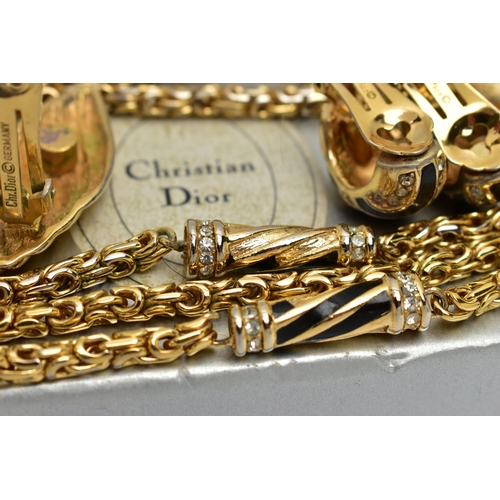 39 - AN ASSORTMENT OF 'CHRISTIAN DIOR' JEWELLERY, the first a long Byzantine chain with four tubular fitt... 