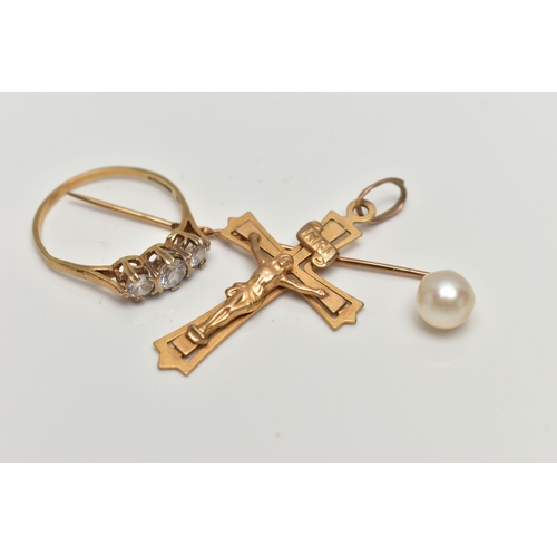 4 - A PENDANT, RING AND STICK PIN, a 9ct gold crucifix pendant, hallmarked 9ct London import, fitted wit... 