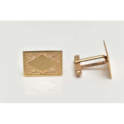 41 - A PAIR OF 9CT GOLD CUFFLINKS, each of a rectangular form with a floral pattern and vacant cartouche,... 