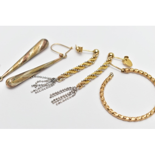 45 - TWO PAIRS OF EARRINGS AND A SINGLE HOOP EARRING, to include a pair of bi-colour tapered drop earring... 