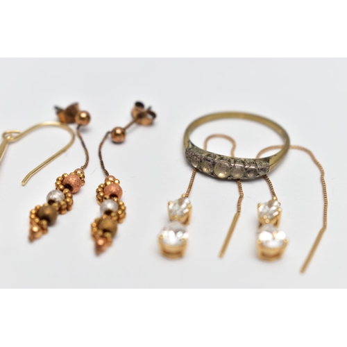 47 - TWO PAIRS OF EARRINGS, A SINGLE EARRING AND A RING, to include a pair of cubic zirconia set chain dr... 