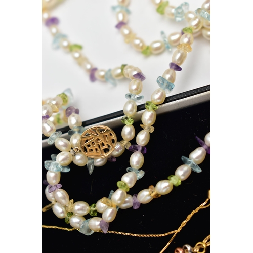 49 - TWO PENDANT NECKLACES WITH A CULTURED PEARL BRACELET, the first a  tassel pendant with tri-colour ri... 