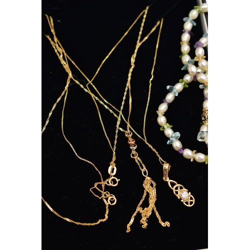 49 - TWO PENDANT NECKLACES WITH A CULTURED PEARL BRACELET, the first a  tassel pendant with tri-colour ri... 