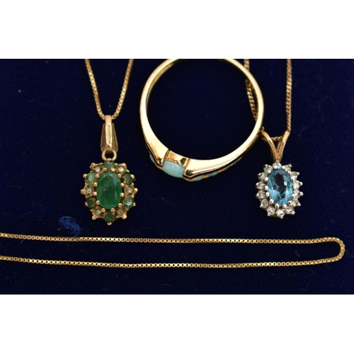 50 - A 9CT GOLD OPAL RING AND TWO PENDANT NECKLACES, the ring set with nine opal cabochons, channel set t... 