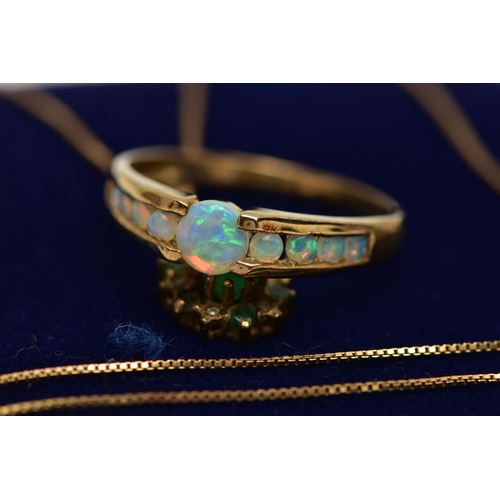 50 - A 9CT GOLD OPAL RING AND TWO PENDANT NECKLACES, the ring set with nine opal cabochons, channel set t... 