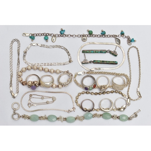 53 - A BAG OF ASSORTED SILVER AND WHITE METAL JEWELLERY, to include a silver ball beaded bracelet fitted ... 