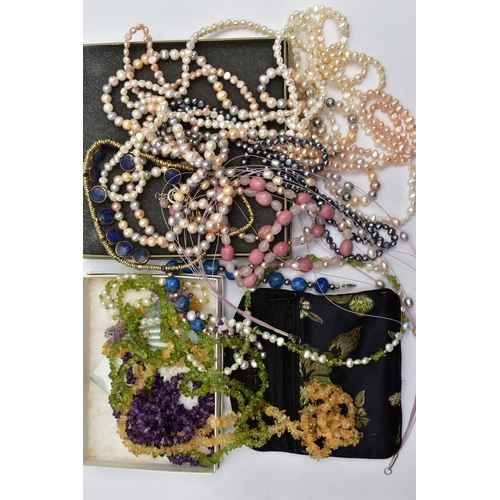 56 - A BAG OF ASSORTED SEMI-PRECIOUS GEMSTONE JEWELLERY, to include five long strands of baroque cultured... 