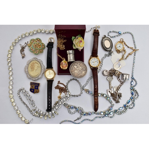 68 - A BOX OF ASSORTED ITEMS, to include a ladys 'TimeCo' wristwatch, gold plated case fitted with an ope... 