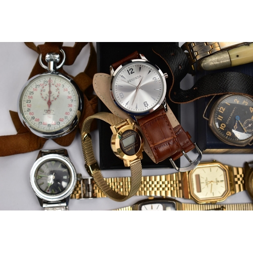 73 - A BOX OF ASSORTED WRISTWATCHES, to include a gents gold plated, 'Matthey-Doret' Electronic, fitted w... 