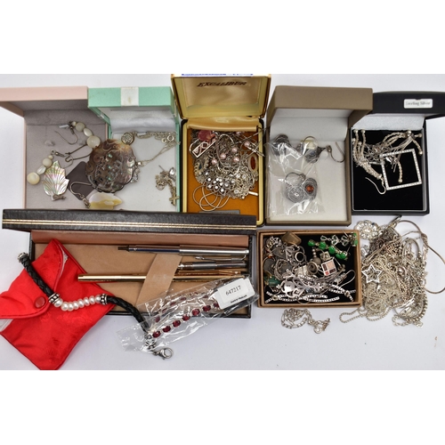 74 - A BOX OF ASSORTED WHITE METAL JEWELLERY, to include pendant necklaces, earrings, bracelets, brooches... 