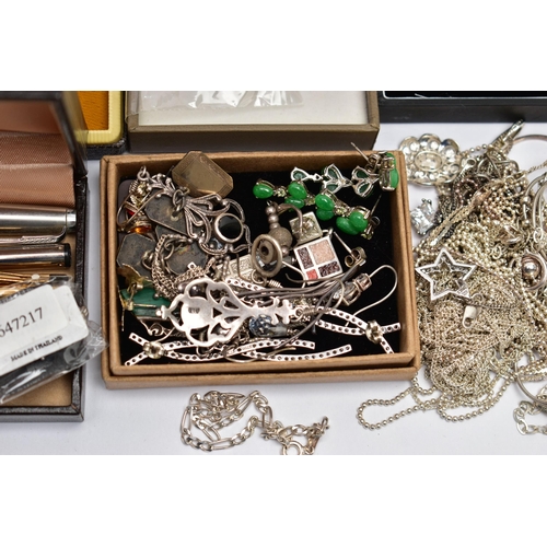 74 - A BOX OF ASSORTED WHITE METAL JEWELLERY, to include pendant necklaces, earrings, bracelets, brooches... 