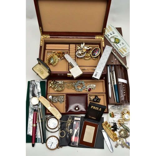 75 - A BOX OF ASSORTED ITEMS, to include a brown jewellery box with contents of costume jewellery such as... 