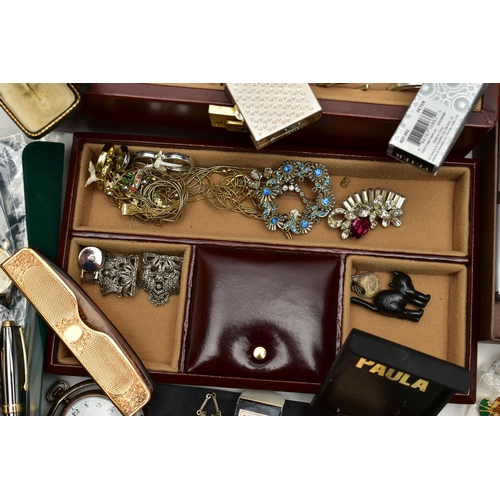 75 - A BOX OF ASSORTED ITEMS, to include a brown jewellery box with contents of costume jewellery such as... 