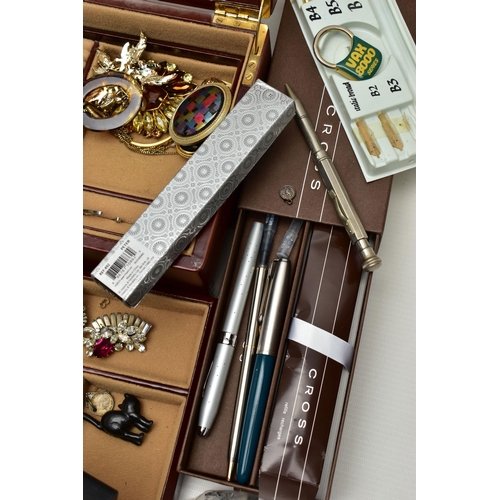 75 - A BOX OF ASSORTED ITEMS, to include a brown jewellery box with contents of costume jewellery such as... 