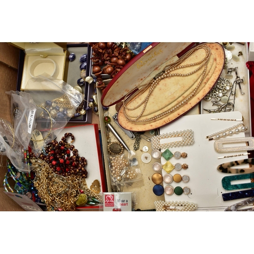 79 - A BOX OF ASSORTED COSTUME JEWELLERY AND OTHER ITEMS, to include a 'Blitz' ultra 2000 jewellery clean... 