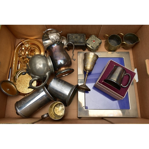 81 - A BOX OF ASSORTED WHITE METAL WARE AND CUTLERY, to include a teapot, sugar scuttle, tankard, milk ju... 