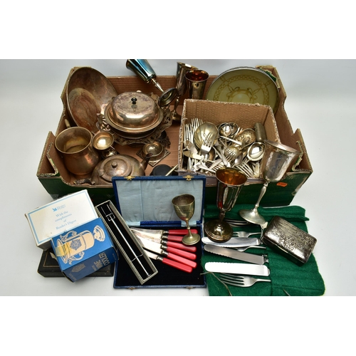 82 - A BOX OF ASSORTED WHITE METAL WARE, to include a cake stand, four white metal glasses, a tea pot, ca... 