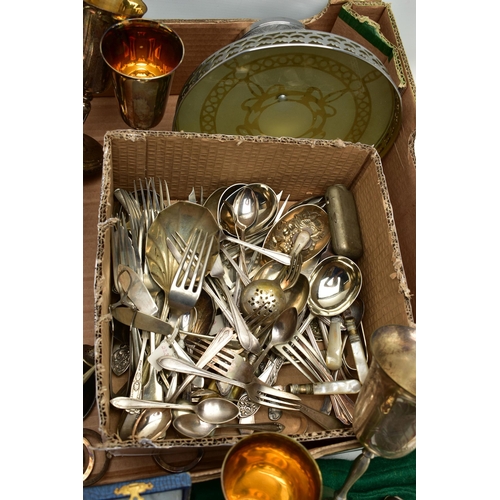 82 - A BOX OF ASSORTED WHITE METAL WARE, to include a cake stand, four white metal glasses, a tea pot, ca... 