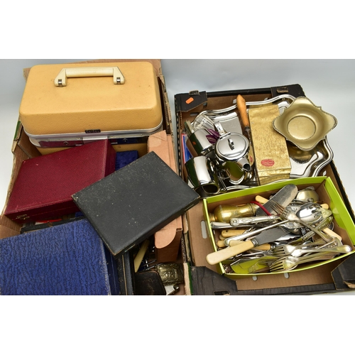 84 - TWO BOXES OF ASSORTED ITEMS, to include a plastic storage box with contents of costume jewellery, a ... 