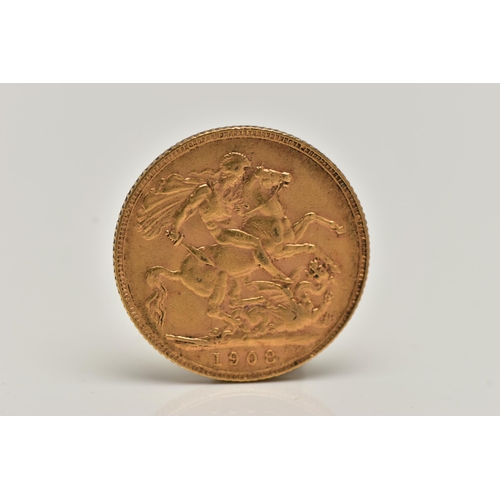 9 - AN EARLY 20TH CENTURY FULL GOLD SOVEREIGN COIN, obverse depicting Edward VII, reverse George and the... 