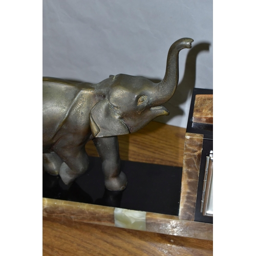 432 - A FRENCH ART DECO MARBLE MANTEL CLOCK, Olivaux Renn, with key and pendulum and figure of an elephant... 