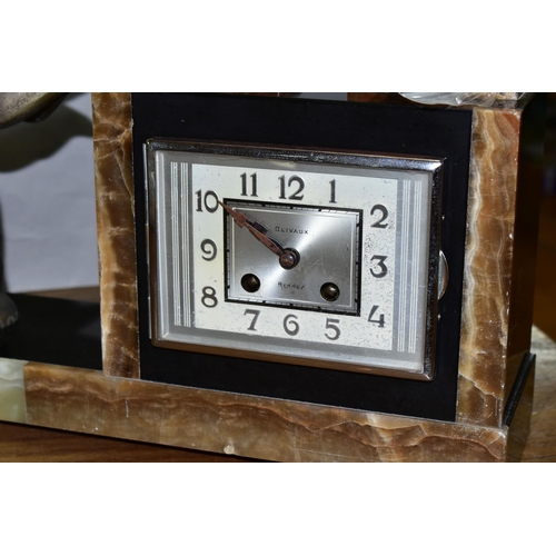 432 - A FRENCH ART DECO MARBLE MANTEL CLOCK, Olivaux Renn, with key and pendulum and figure of an elephant... 