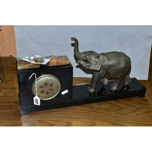 432 - A FRENCH ART DECO MARBLE MANTEL CLOCK, Olivaux Renn, with key and pendulum and figure of an elephant... 