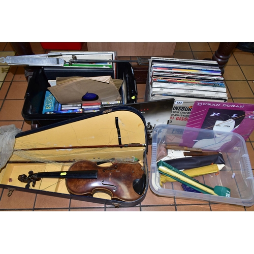 434 - THREE BOXES OF LP RECORDS AND MUSICAL INSTRUMENTS, to include a cased violin, music stand, three rec... 