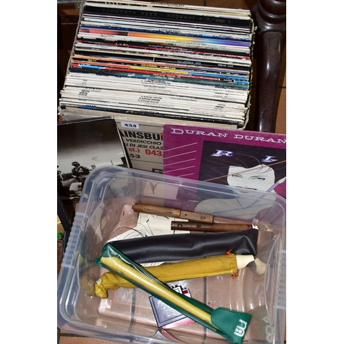 434 - THREE BOXES OF LP RECORDS AND MUSICAL INSTRUMENTS, to include a cased violin, music stand, three rec... 