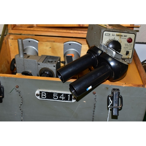 437 - A STEREOSCOPIC TELESCOPE, made in USSR N643257in a wooden case, wired with a Mammant & Morgan Ltd po... 