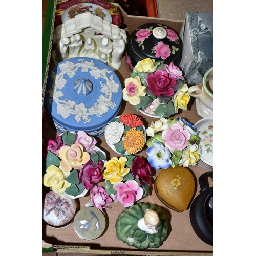 426 - TWO BOXES OF CERAMICS, to include an Aynsley 'Orchard Gold' pin dish, a Sylvac 2696 planter, a black... 