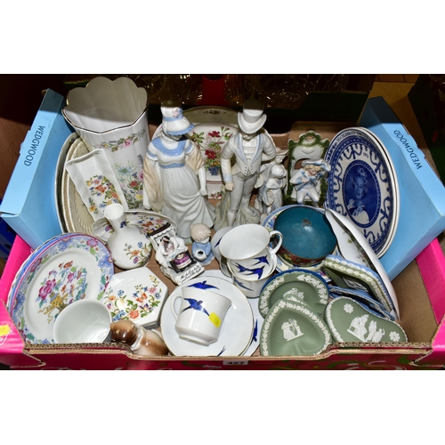 427 - TWO BOXES OF GLASSWARE, METALWARE AND CERAMICS,  to include a Czech set of cups and saucers decorate... 