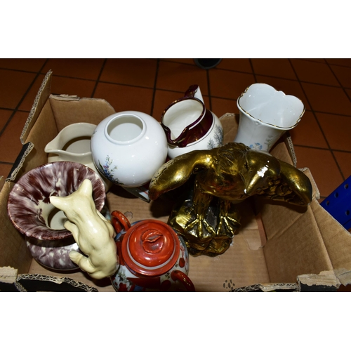 428 - THREE BOXES OF CERAMICS AND ORNAMENTS, to include a mottled brown and cream vase impressed marks to ... 