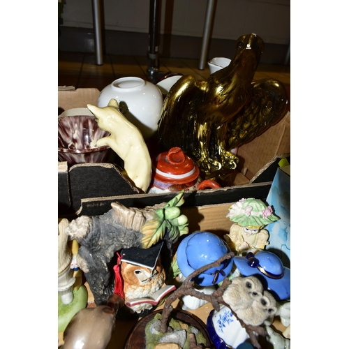 428 - THREE BOXES OF CERAMICS AND ORNAMENTS, to include a mottled brown and cream vase impressed marks to ... 