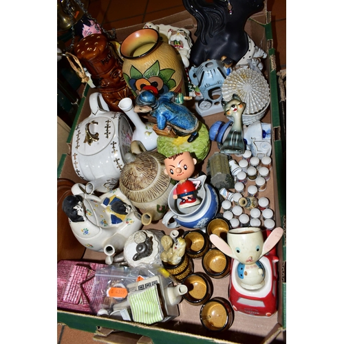 428 - THREE BOXES OF CERAMICS AND ORNAMENTS, to include a mottled brown and cream vase impressed marks to ... 