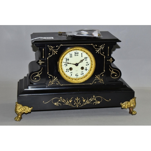 431 - A LARGE BLACK SLATE MANTEL CLOCK, gold foliate detail to front, P. Japy & Cie Medallion 1878 impress... 