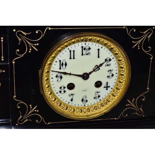 431 - A LARGE BLACK SLATE MANTEL CLOCK, gold foliate detail to front, P. Japy & Cie Medallion 1878 impress... 