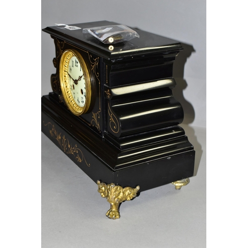 431 - A LARGE BLACK SLATE MANTEL CLOCK, gold foliate detail to front, P. Japy & Cie Medallion 1878 impress... 