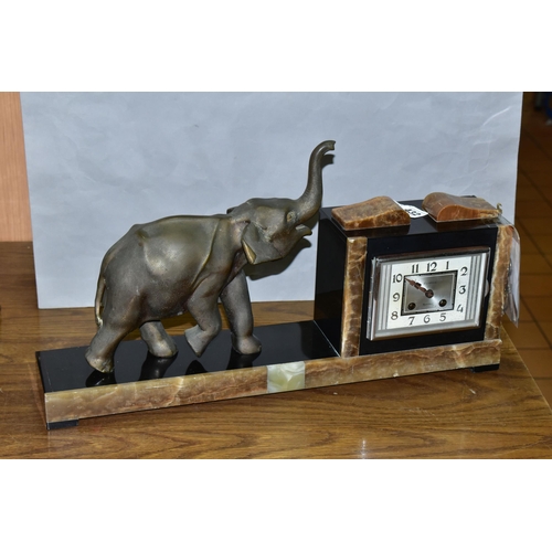 432 - A FRENCH ART DECO MARBLE MANTEL CLOCK, Olivaux Renn, with key and pendulum and figure of an elephant... 