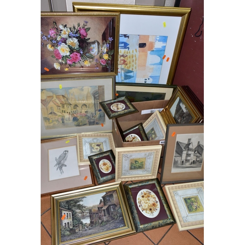 442 - A BOX AND LOOSE ASSORTED PRINTS ETC, to include a watercolour depicting a street market circa 1940's... 