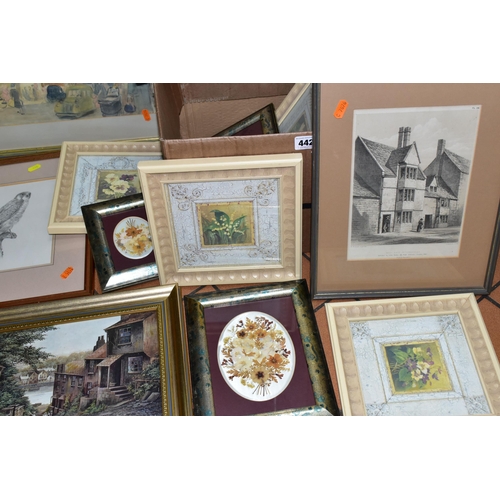 442 - A BOX AND LOOSE ASSORTED PRINTS ETC, to include a watercolour depicting a street market circa 1940's... 