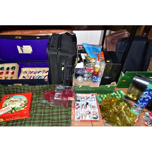 448 - TWO BOXES OF VINTAGE BRIEFCASES AND ASSORTED CHRISTMAS BAUBLES AND DECORATIONS, to include two vinta... 